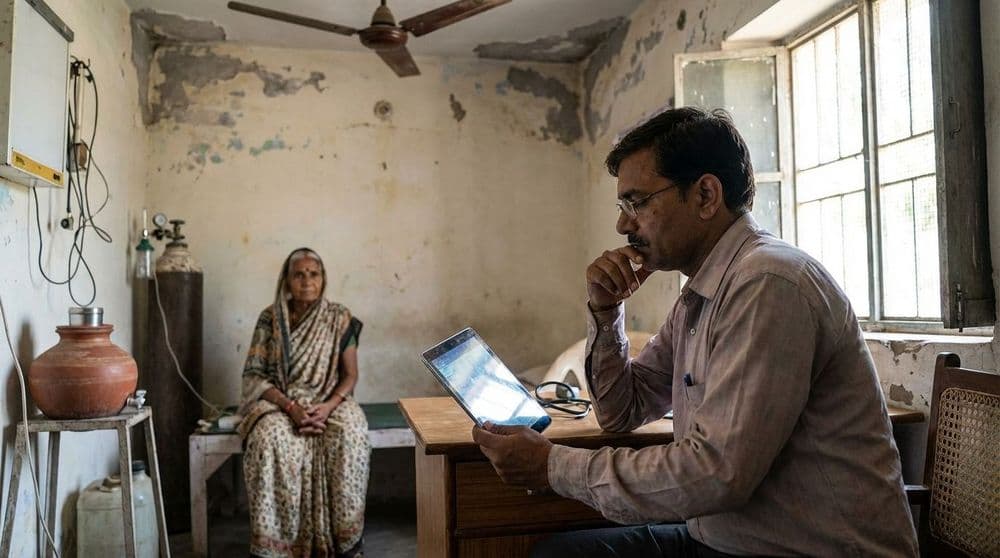 A doctor in a rural Indian clinic uses a tablet for a patient consultation, illustrating the challenges and limitations of technology in the healthcare system. A doctor in a rural Indian clinic uses a tablet for a patient consultation, illustrating the challenges and limitations of technology in the healthcare system.