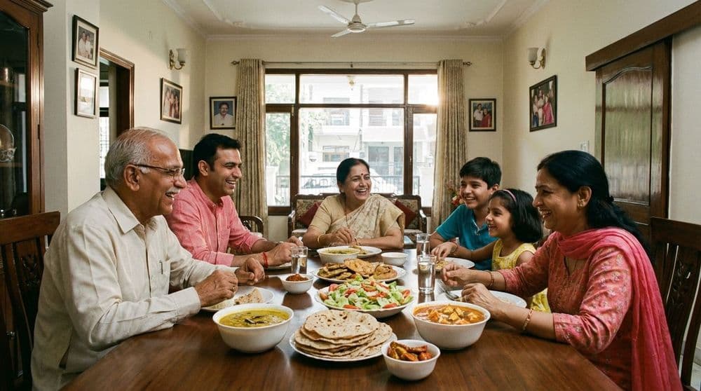 A happy North Indian family eating a nutritious home-cooked meal rich in calcium for strong bone health. A happy North Indian family eating a nutritious home-cooked meal rich in calcium for strong bone health.