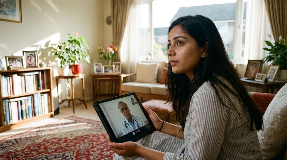 A woman in North India using a tablet for a telemedicine consultation with her doctor, showcasing the convenience of digital health. A woman in North India using a tablet for a telemedicine consultation with her doctor, showcasing the convenience of digital health.