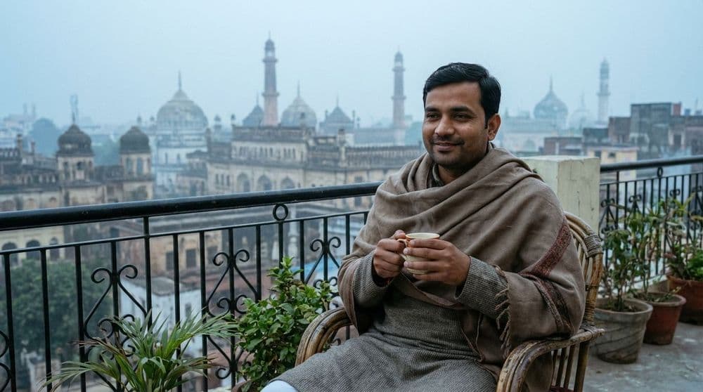A man enjoying the health benefits of coffee on a calm morning in North India. A man enjoying the health benefits of coffee on a calm morning in North India.