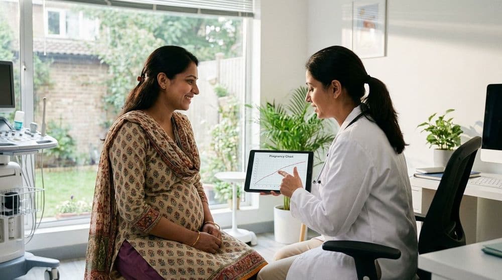 A pregnant woman from North India consulting with her gynecologist about managing low amniotic fluid in a well-lit clinic. A pregnant woman from North India consulting with her gynecologist about managing low amniotic fluid in a well-lit clinic.