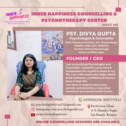 Ms. Divya Gupta | Psychologist in Kanpur | Inner Happiness™ Counselling & Psychotherapy Center Ms. Divya Gupta | Psychologist in Kanpur | Inner Happiness™ Counselling & Psychotherapy Center