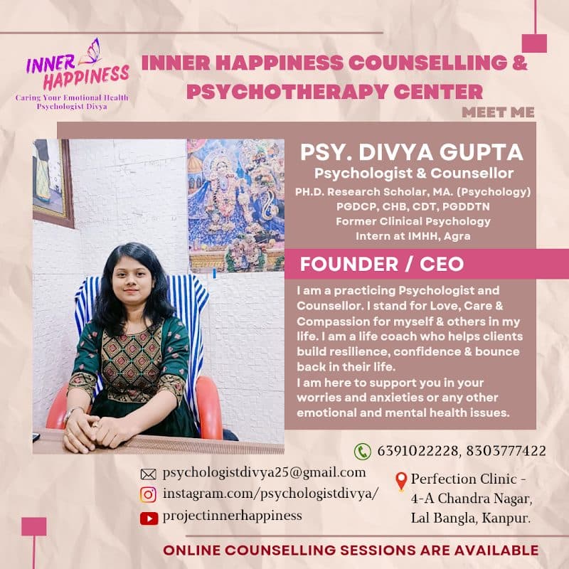 Ms. Divya Gupta | Psychologist in Kanpur | Inner Happiness™ Counselling & Psychotherapy Center Ms. Divya Gupta | Psychologist in Kanpur | Inner Happiness™ Counselling & Psychotherapy Center