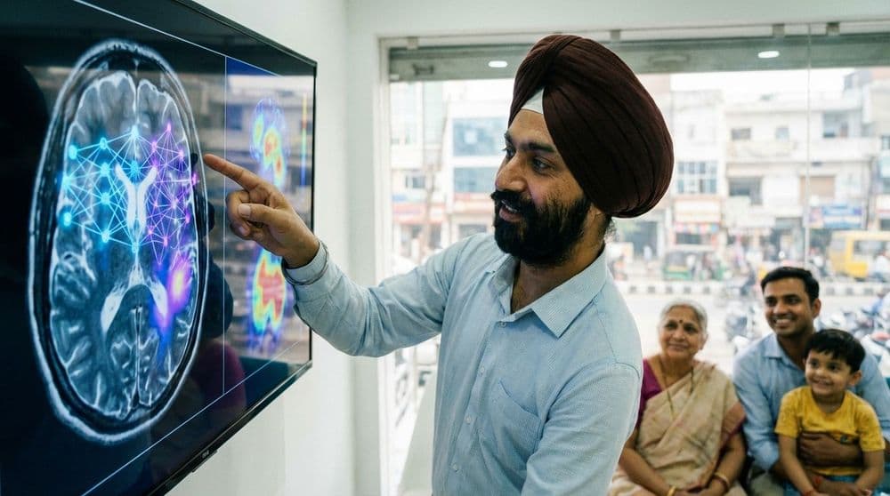 A doctor in a North Indian clinic uses Artificial Intelligence (AI) to analyze a patient's brain scan, showcasing the future of advanced diagnostics in healthcare. A doctor in a North Indian clinic uses Artificial Intelligence (AI) to analyze a patient's brain scan, showcasing the future of advanced diagnostics in healthcare.