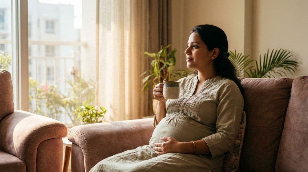 A North Indian pregnant woman resting at home, concerned about bleeding during pregnancy but feeling hopeful and calm. A North Indian pregnant woman resting at home, concerned about bleeding during pregnancy but feeling hopeful and calm.