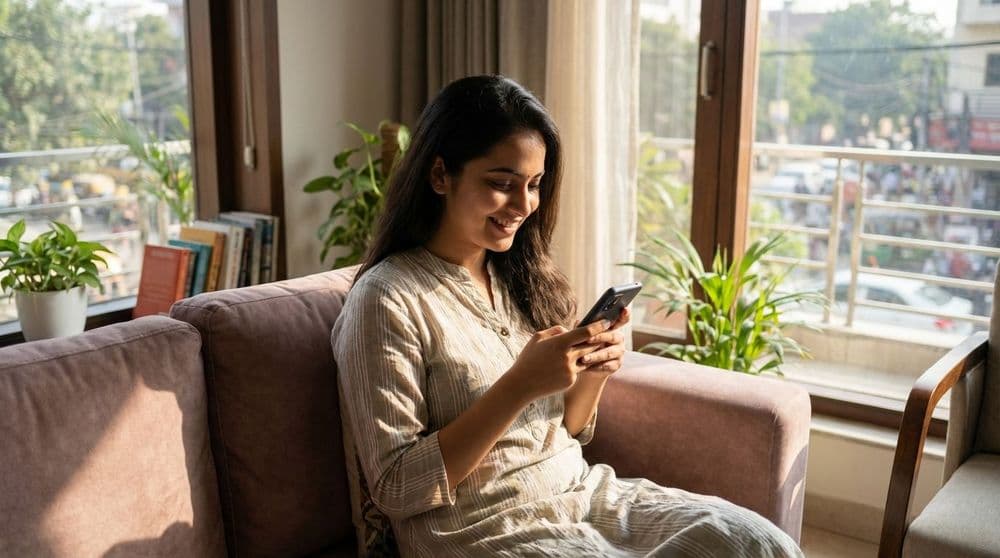 A young Indian woman using a health and wellness app on her smartphone in a modern living room, representing Gen Z health trends in India. A young Indian woman using a health and wellness app on her smartphone in a modern living room, representing Gen Z health trends in India.