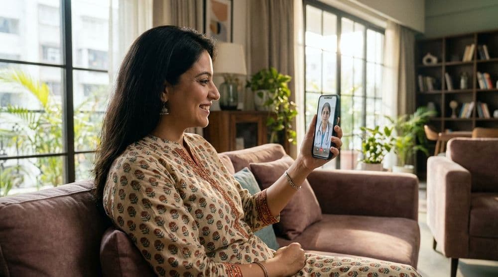 A woman in North India using her smartphone for a telemedicine consultation with a doctor, showcasing the convenience of HealthTech. A woman in North India using her smartphone for a telemedicine consultation with a doctor, showcasing the convenience of HealthTech.