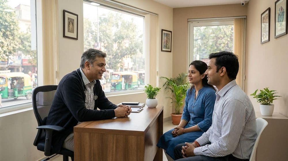 A North Indian family consulting with a general physician in a bright and modern clinic in Lucknow. A North Indian family consulting with a general physician in a bright and modern clinic in Lucknow.