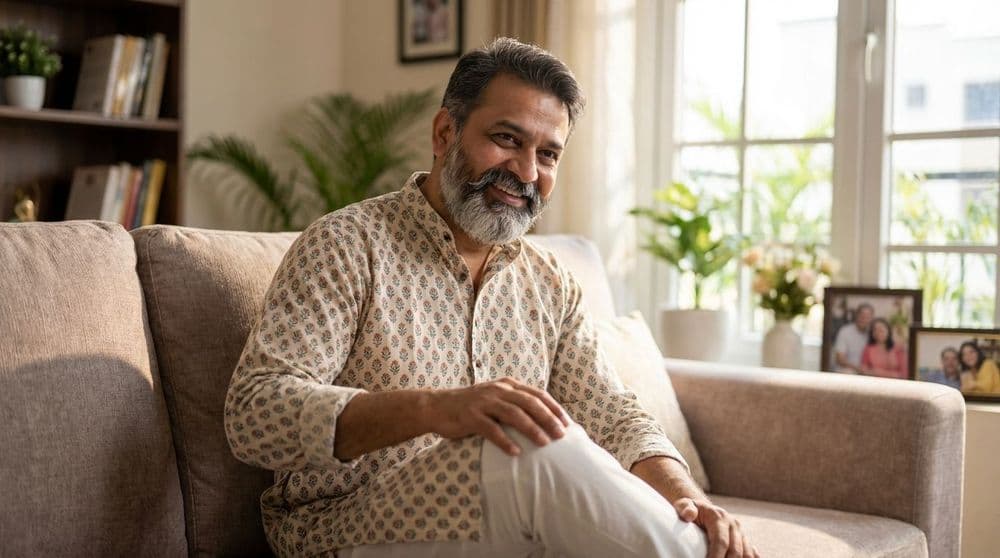 An older North Indian man finding relief from chronic knee joint pain at home. An older North Indian man finding relief from chronic knee joint pain at home.