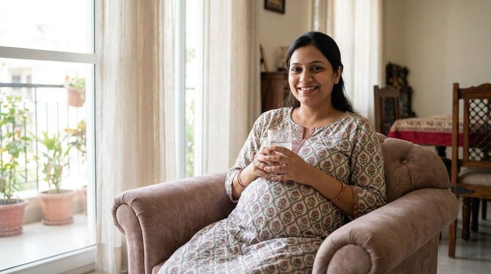 A pregnant North Indian woman managing her health by staying hydrated at home to control high blood pressure during pregnancy. A pregnant North Indian woman managing her health by staying hydrated at home to control high blood pressure during pregnancy.