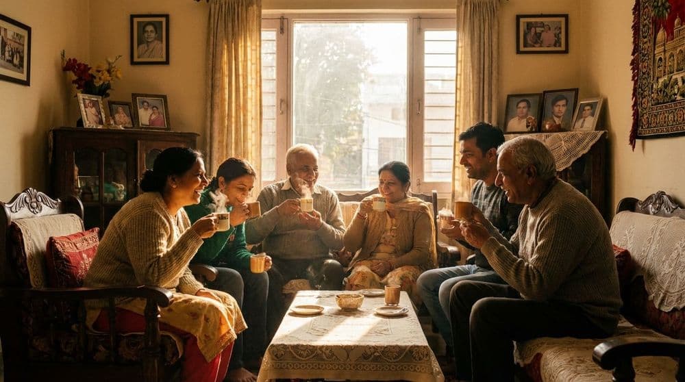 A North Indian family staying warm and healthy indoors during winter with hot beverages. A North Indian family staying warm and healthy indoors during winter with hot beverages.