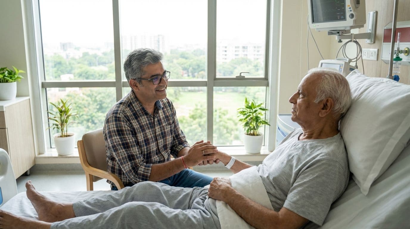 An Indian man holds his father's hand in an ICU, providing comfort and support during a critical illness. An Indian man holds his father's hand in an ICU, providing comfort and support during a critical illness.