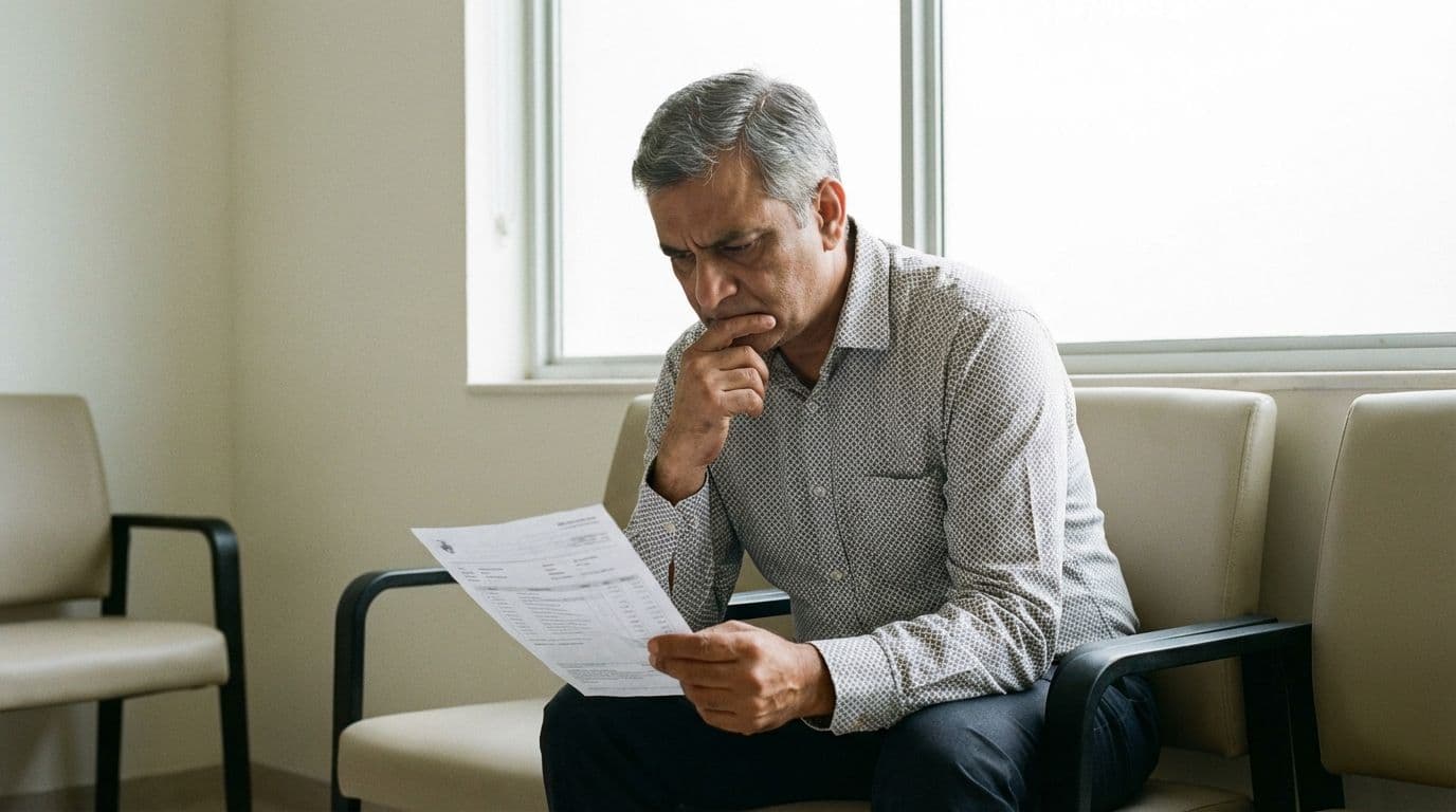 A family member reviews the breakdown of ICU charges in a North Indian hospital. A family member reviews the breakdown of ICU charges in a North Indian hospital.