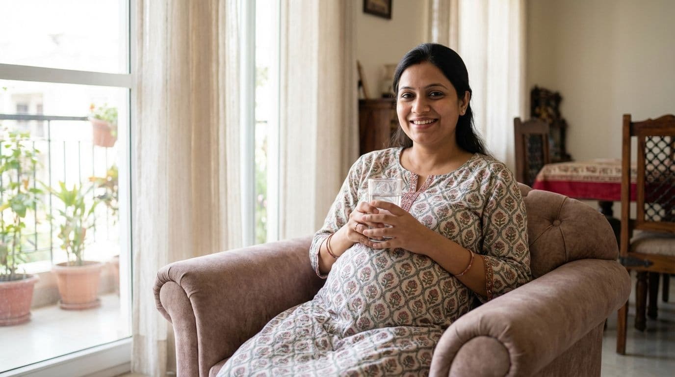 A pregnant North Indian woman managing her health by staying hydrated at home to control high blood pressure during pregnancy. A pregnant North Indian woman managing her health by staying hydrated at home to control high blood pressure during pregnancy.