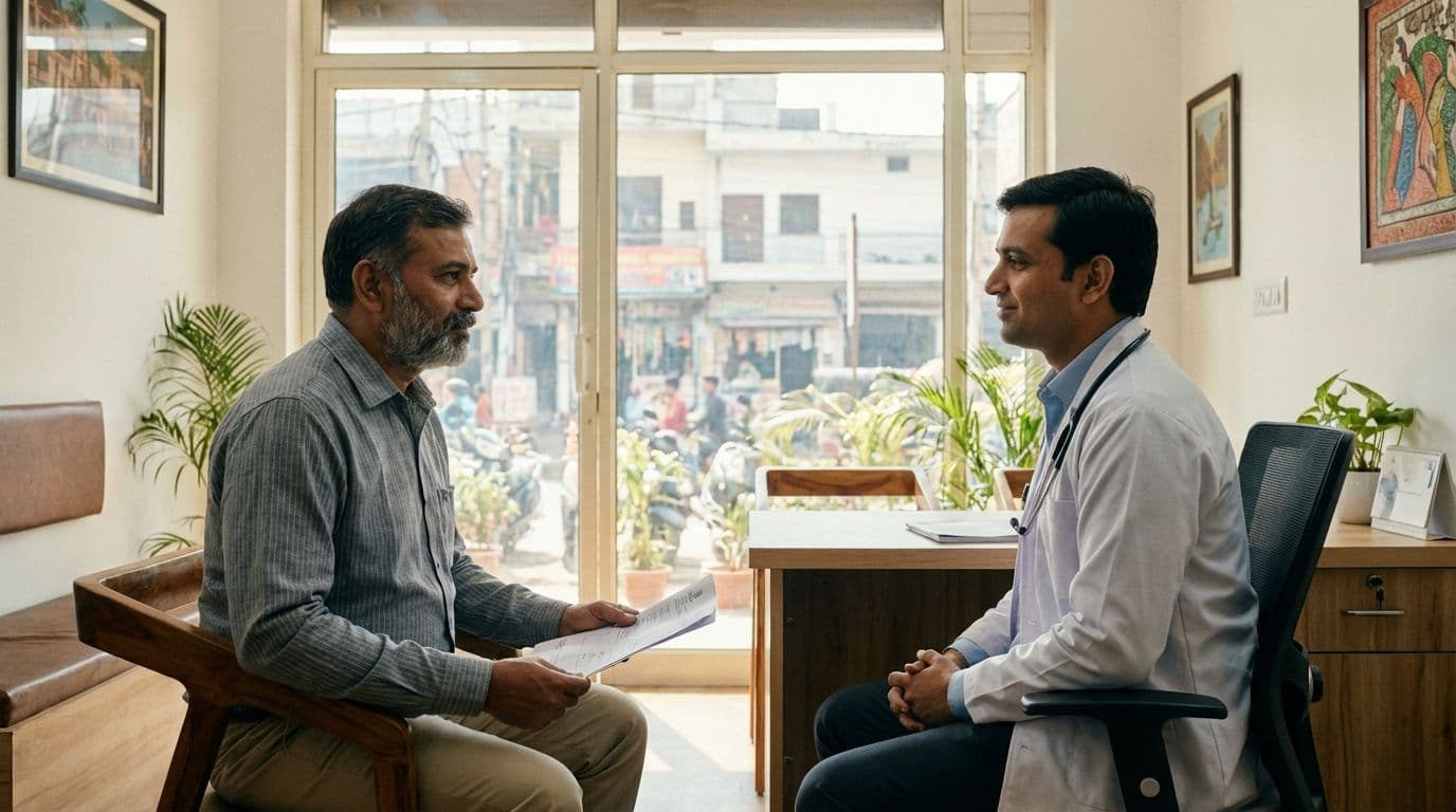 A patient getting a second medical opinion from a doctor in a North Indian clinic. A patient getting a second medical opinion from a doctor in a North Indian clinic.