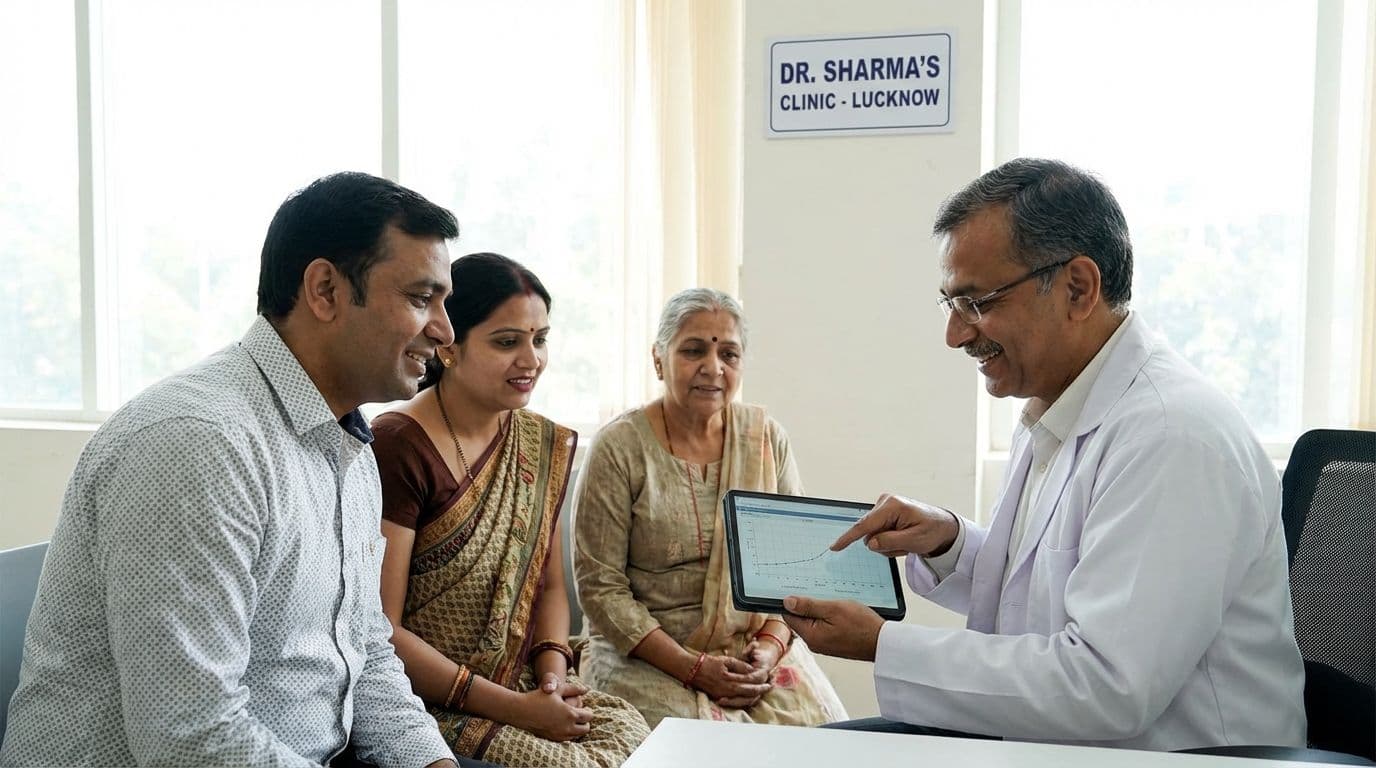 A North Indian family discussing their health report with a trusted general physician in a transparent and reassuring clinic setting. A North Indian family discussing their health report with a trusted general physician in a transparent and reassuring clinic setting.